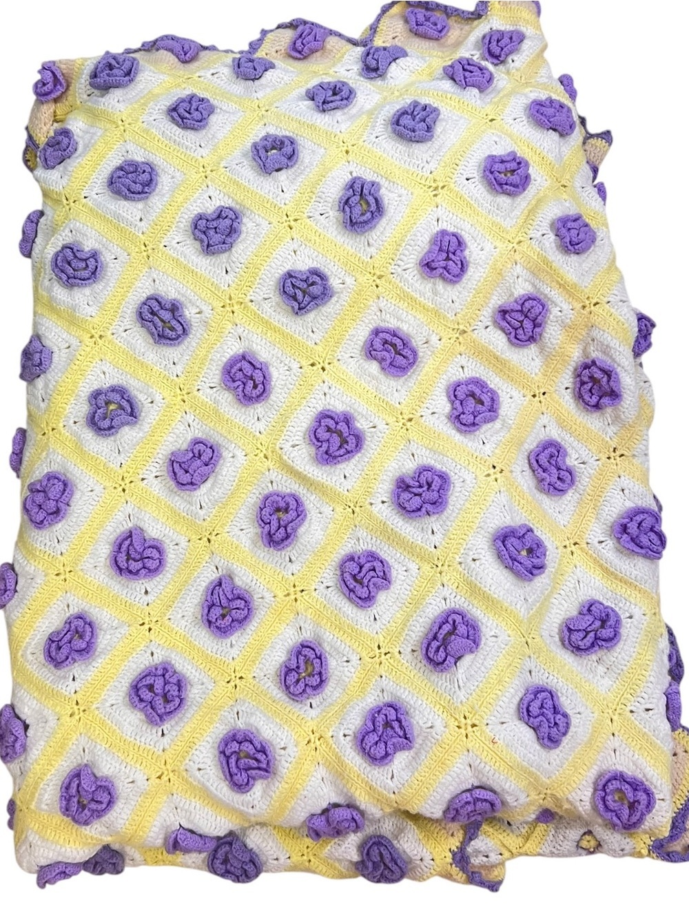 Vtg Crochet 3D Rose 70s Bedspread Afghan Blanket Yellow Purple 74” x 110”